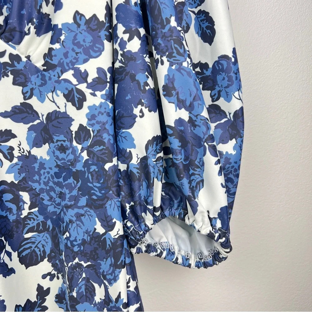 Smith & Quinn Floral Puff Sleeve Bow Detail Mini/Midi Dress Size Small Blue - Picture 7 of 12